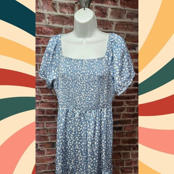 WhizMax Blue Polka Dot Maxi Dress 2XL Off Shoulder Smocked Bodice Cotton Blend - Picture 6 of 7